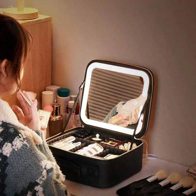 Smart 3 Color LED Travel Train Cosmetic Case Light And Mirror Makeup Bag Female Beautician Skincare Makeup Case For Women