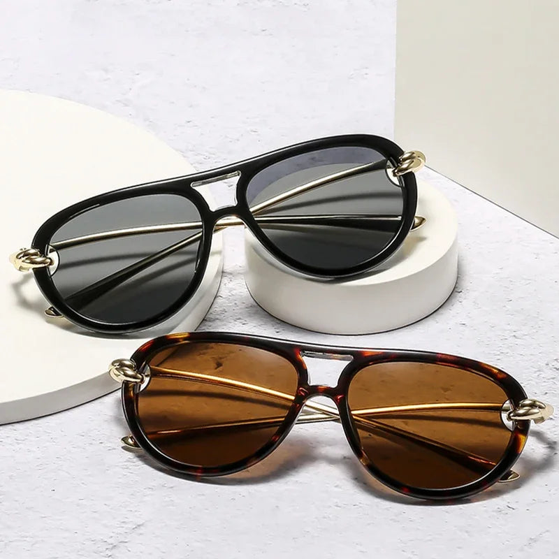 Ins Popular Fashion Double Bridges Pilot Women Luxury Sunglasses Brand Designer Oval Hollow Shades UV400 Men Sun Glasses