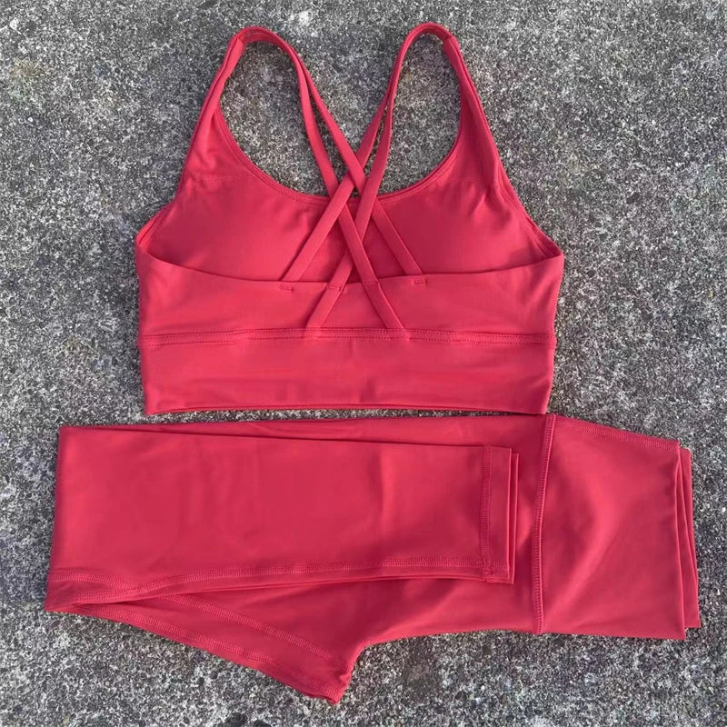 Yoga Set Gym Sports Set 2 Piece Women Workout Outfit Fitness Suit Cross Straps Bra Top And High Waist Leggings Running Tracksuit